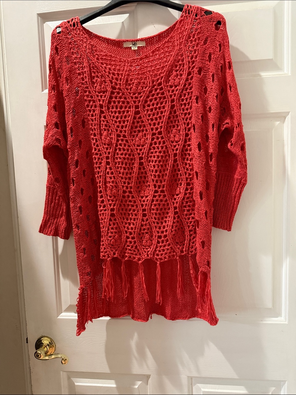 Ya Los Angeles Red Open-Knit Off-the-Shoulder Sweater with Fringe